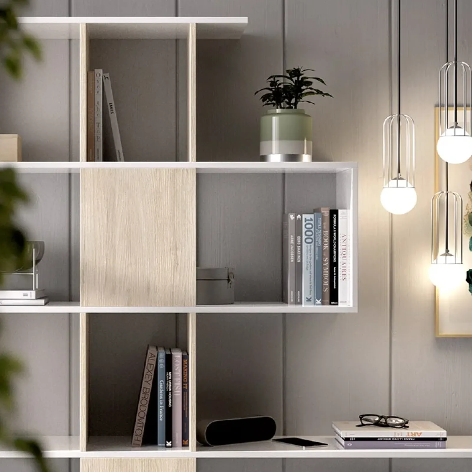 Garnero Arredamenti Librerie Ufficio|Librerie-Libreria 145x145h cm moderna bianco rovere natura Snake Bianco Opaco - Rovere