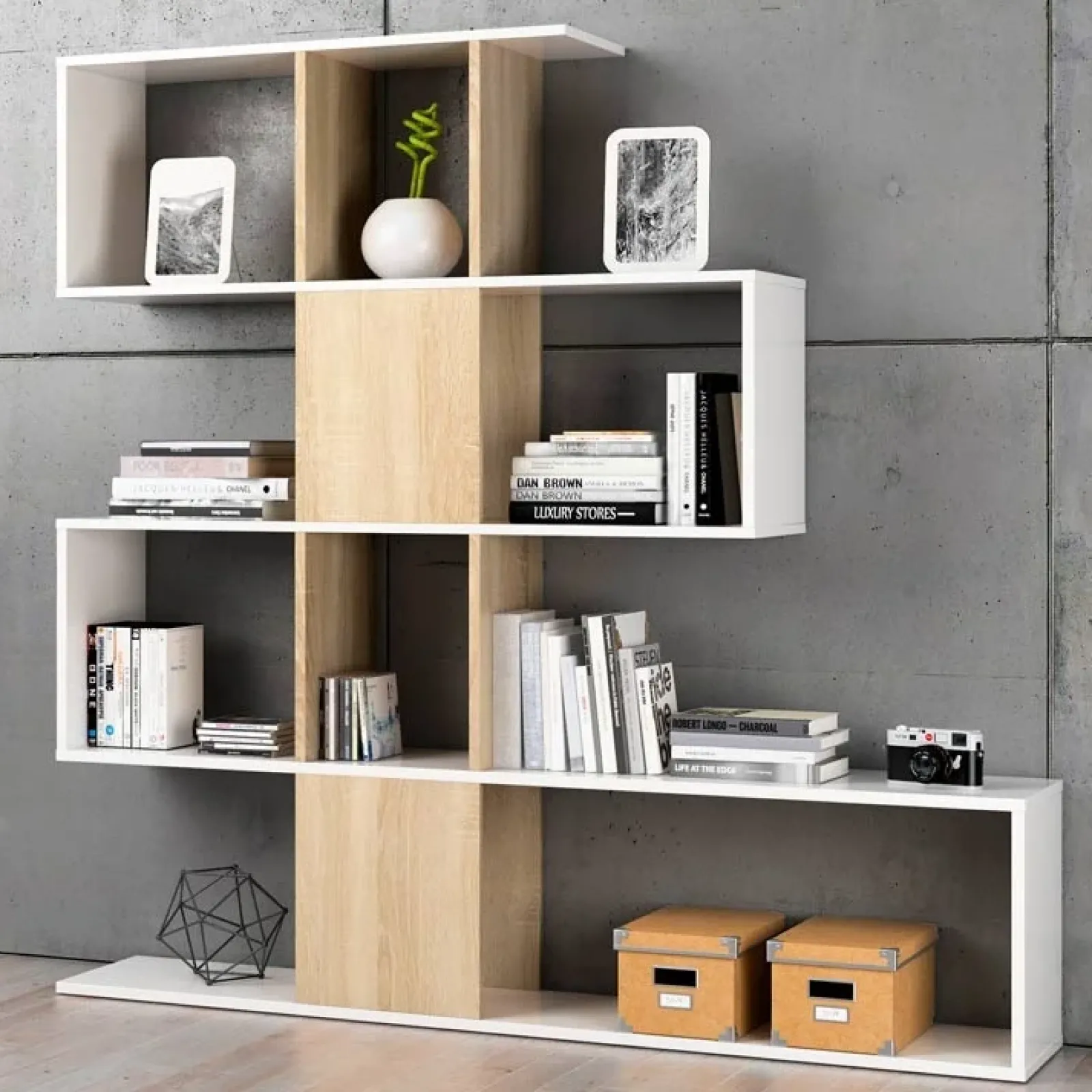 Garnero Arredamenti Librerie Ufficio|Librerie-Libreria 145x145h cm moderna bianco rovere natura Snake Bianco Opaco - Rovere