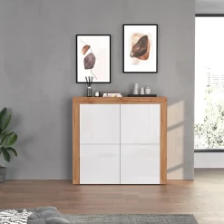 Garnero Arredamenti Credenza Alta|Credenze Moderne-Madia alta moderna 140x130h cm bianco lucido rovere Block Bianco Lucido - Rovere