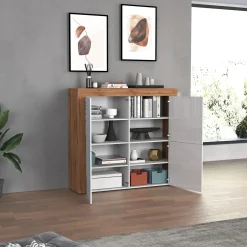 Garnero Arredamenti Credenza Alta|Credenze Moderne-Madia alta moderna 140x130h cm bianco lucido rovere Block Bianco Lucido - Rovere