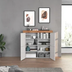 Garnero Arredamenti Credenza Alta|Credenze Moderne-Madia alta moderna 140x130h cm bianco lucido rovere Block Bianco Lucido - Rovere