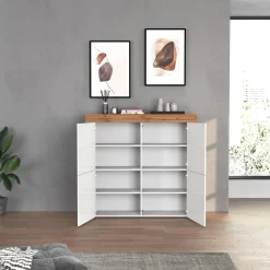 Garnero Arredamenti Credenza Alta|Credenze Moderne-Madia alta moderna 140x130h cm bianco lucido rovere Block Bianco Lucido - Rovere