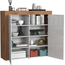 Garnero Arredamenti Credenza Alta|Credenze Moderne-Madia alta moderna 140x130h cm bianco lucido rovere Block Bianco Lucido - Rovere