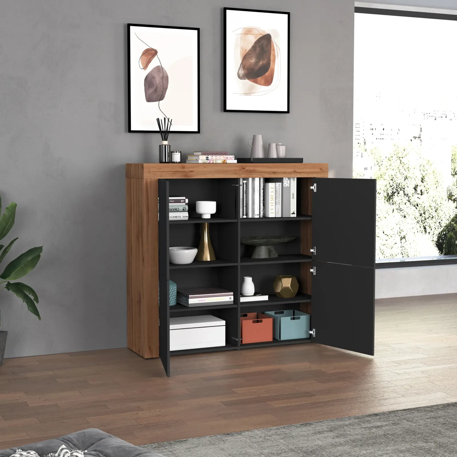 Garnero Arredamenti Credenza Alta|Credenze Moderne-Madia alta moderna 140x130h cm antracite rovere Block Antracite - Rovere