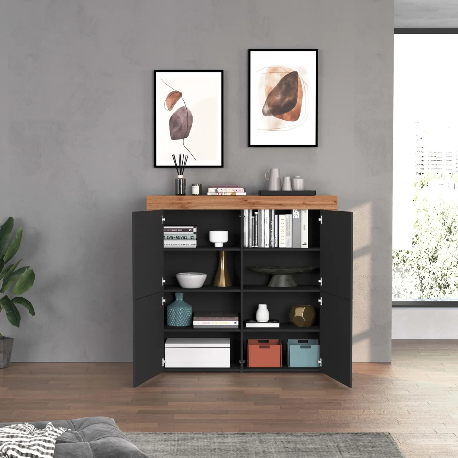 Garnero Arredamenti Credenza Alta|Credenze Moderne-Madia alta moderna 140x130h cm antracite rovere Block Antracite - Rovere