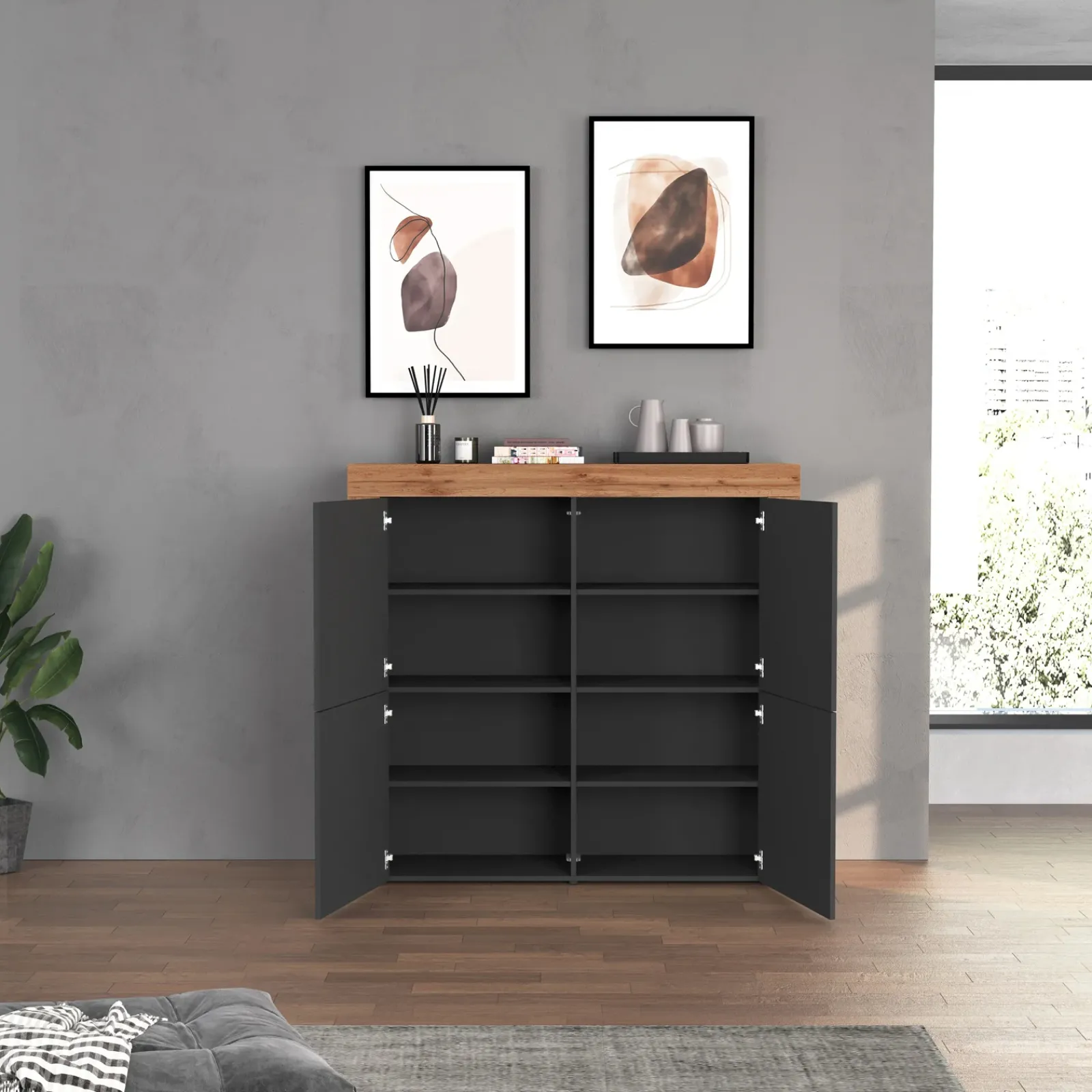 Garnero Arredamenti Credenza Alta|Credenze Moderne-Madia alta moderna 140x130h cm antracite rovere Block Antracite - Rovere