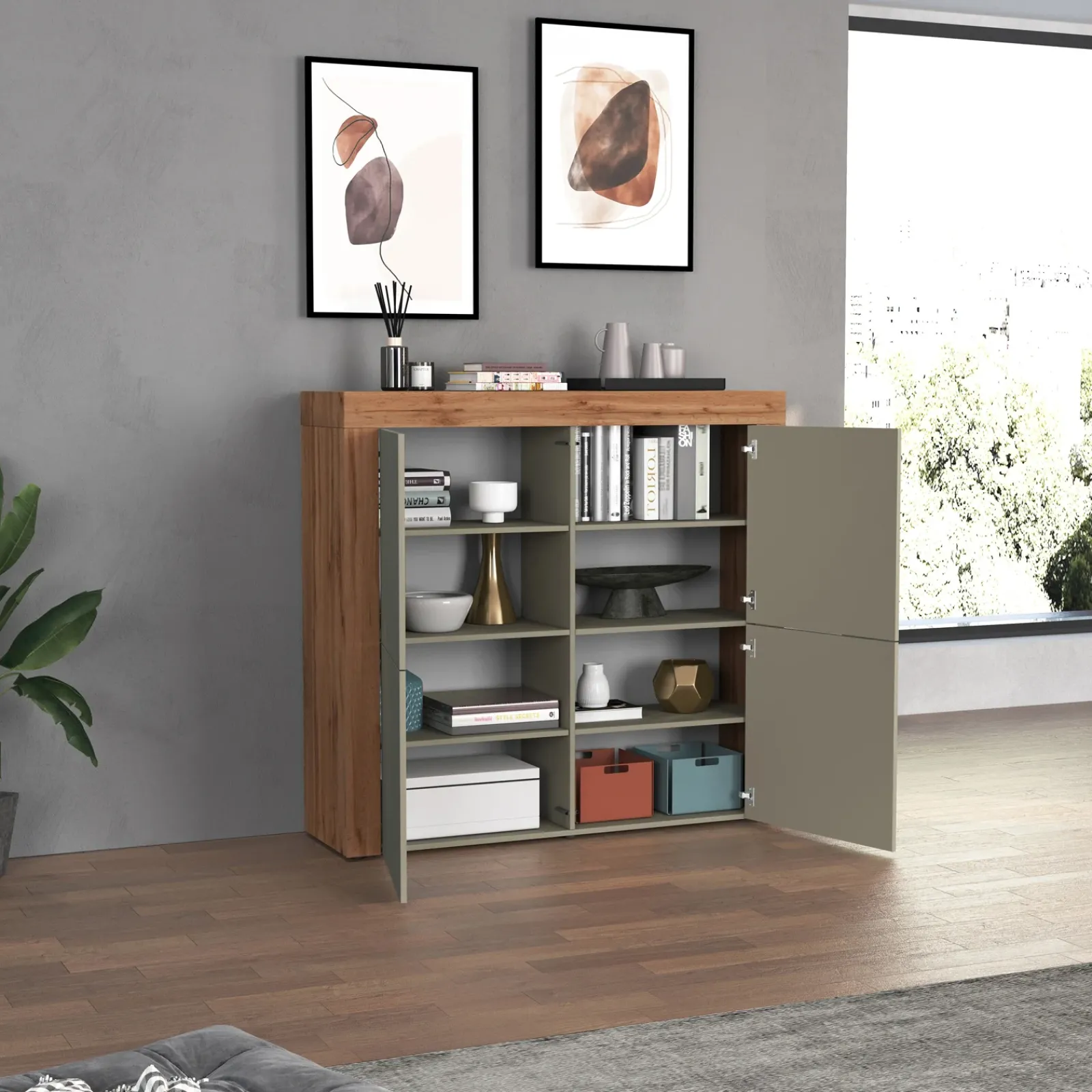 Garnero Arredamenti Credenza Alta|Credenze Moderne-Madia alta moderna 140x130h cm tortora rovere Block Tortora - Rovere