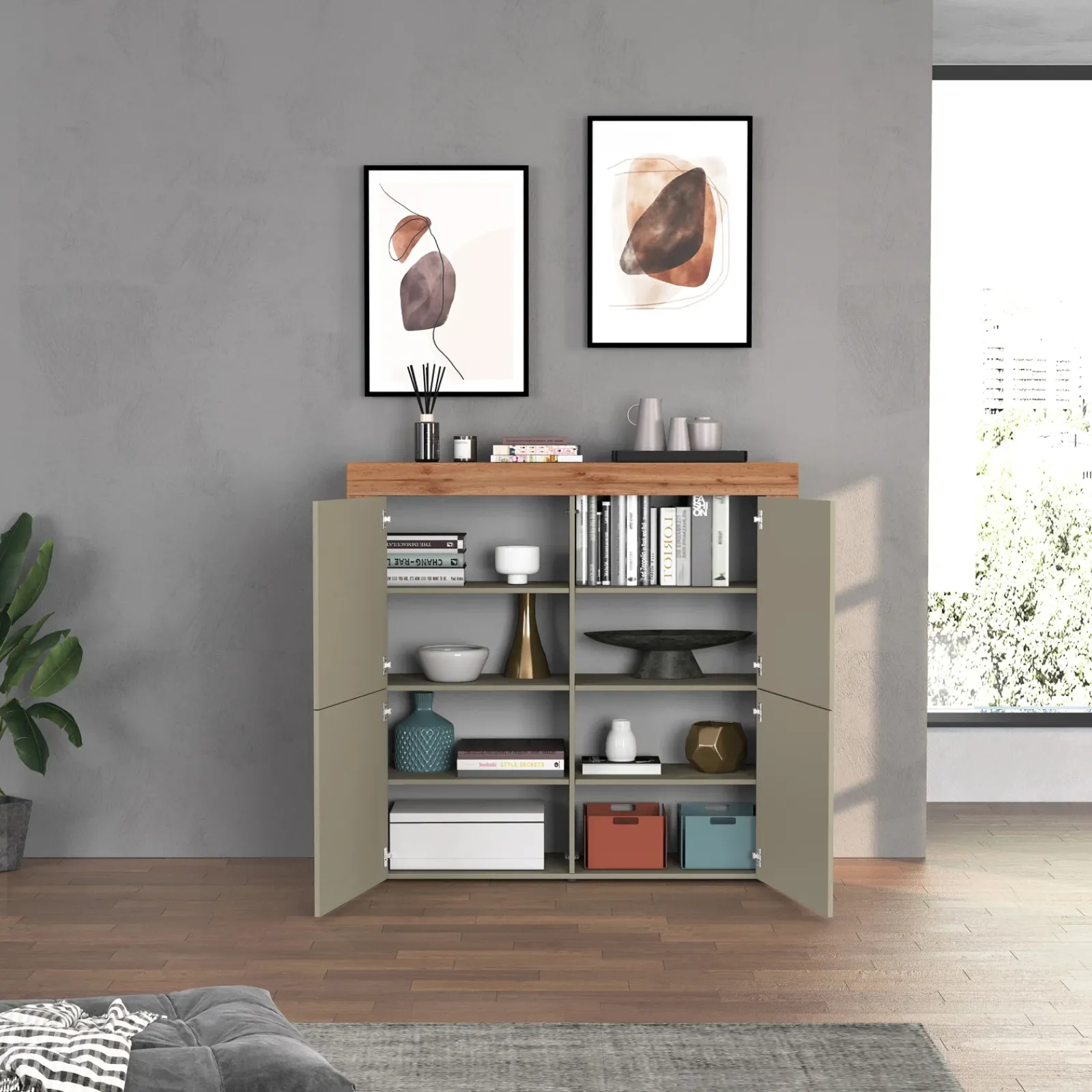 Garnero Arredamenti Credenza Alta|Credenze Moderne-Madia alta moderna 140x130h cm tortora rovere Block Tortora - Rovere