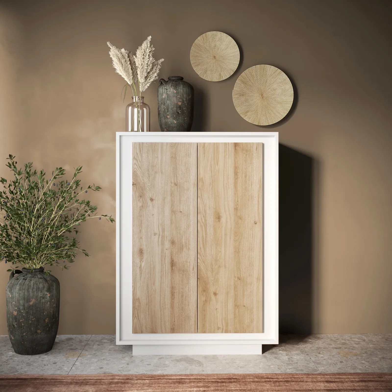 Garnero Arredamenti Credenza Alta|Credenze Moderne-Madia alta 106x171h cm 2 ante bianco opaco rovere chiaro Deluxe Rovere - Bianco opaco