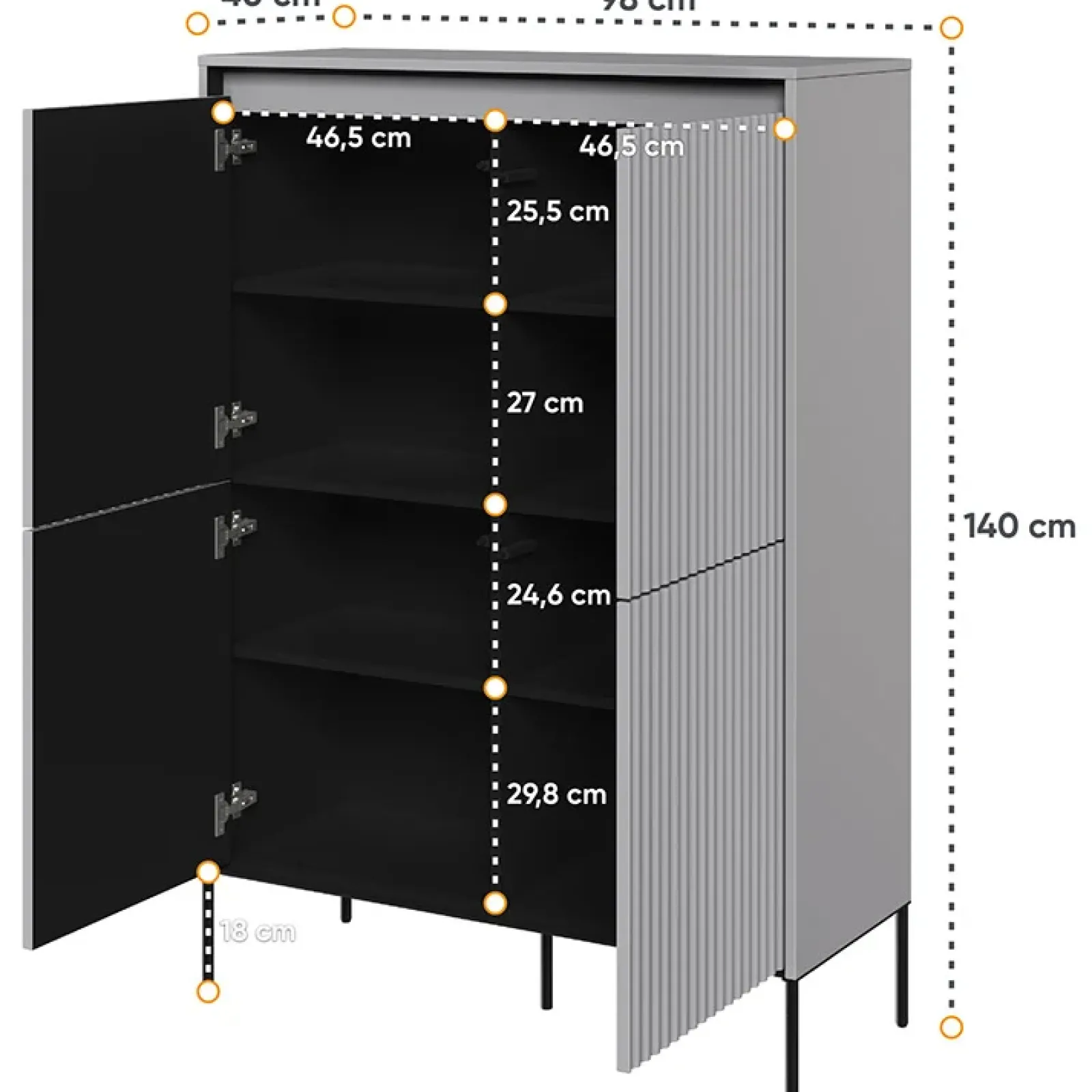 Garnero Arredamenti Credenza Alta-Madia alta 98x140h cm 4 ante con led cannettato nero Camelia Grigio