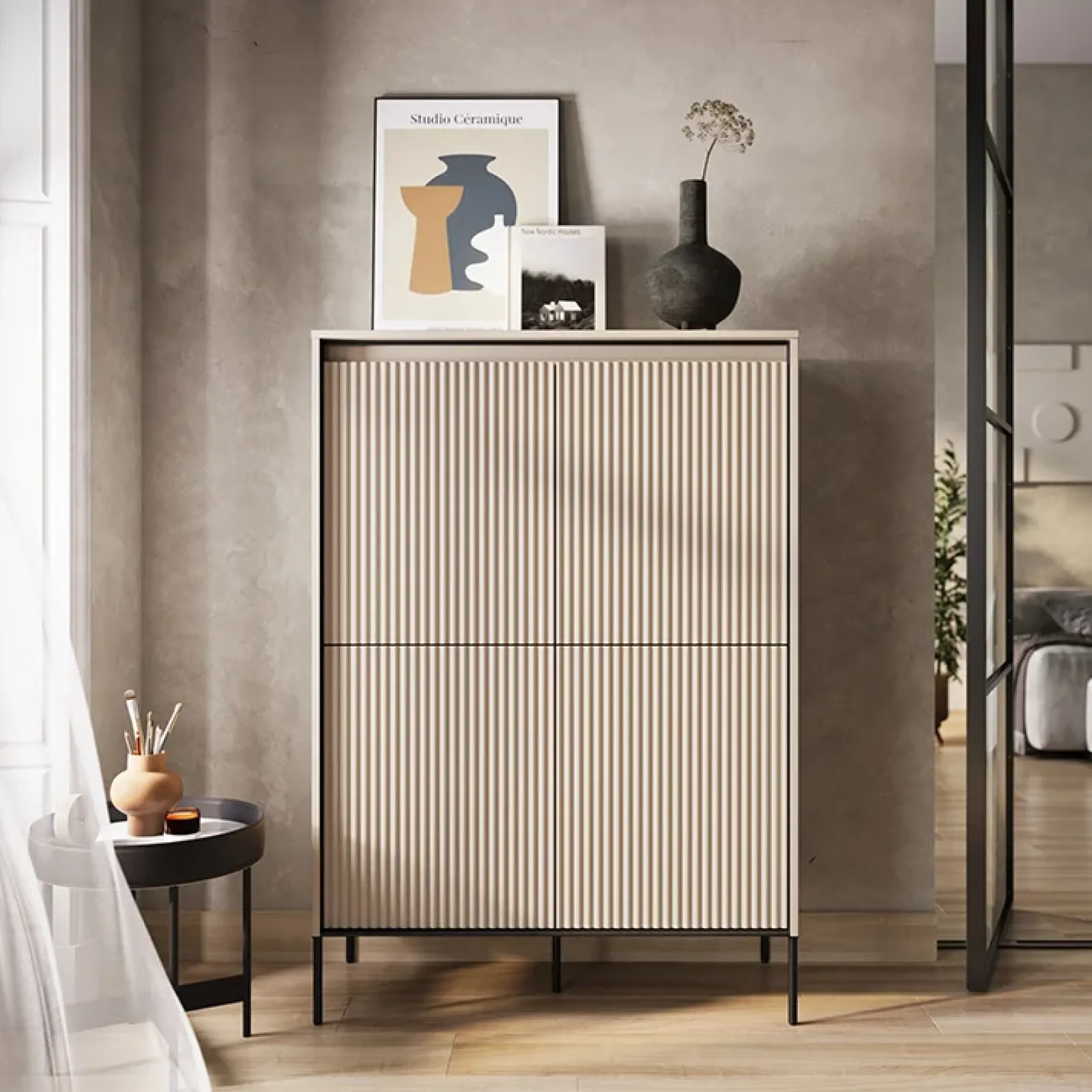 Garnero Arredamenti Credenza Alta-Madia alta 98x140h cm 4 ante con led cannettato nero Camelia Beige