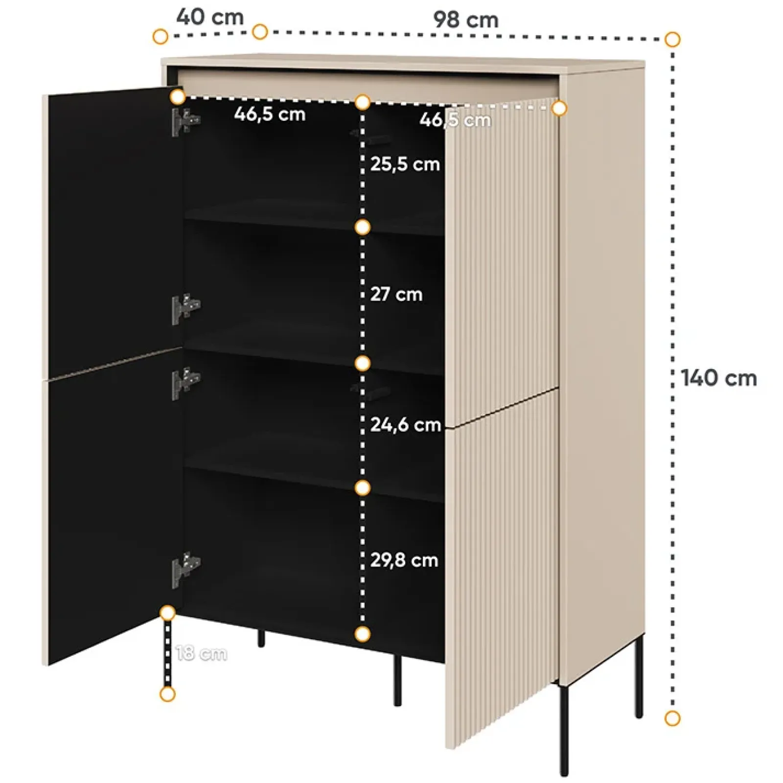 Garnero Arredamenti Credenza Alta-Madia alta 98x140h cm 4 ante con led cannettato nero Camelia Beige