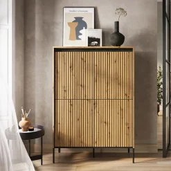 Garnero Arredamenti Credenza Alta-Madia alta 98x140h cm 4 ante con led cannettato nero Camelia Rovere Rustico