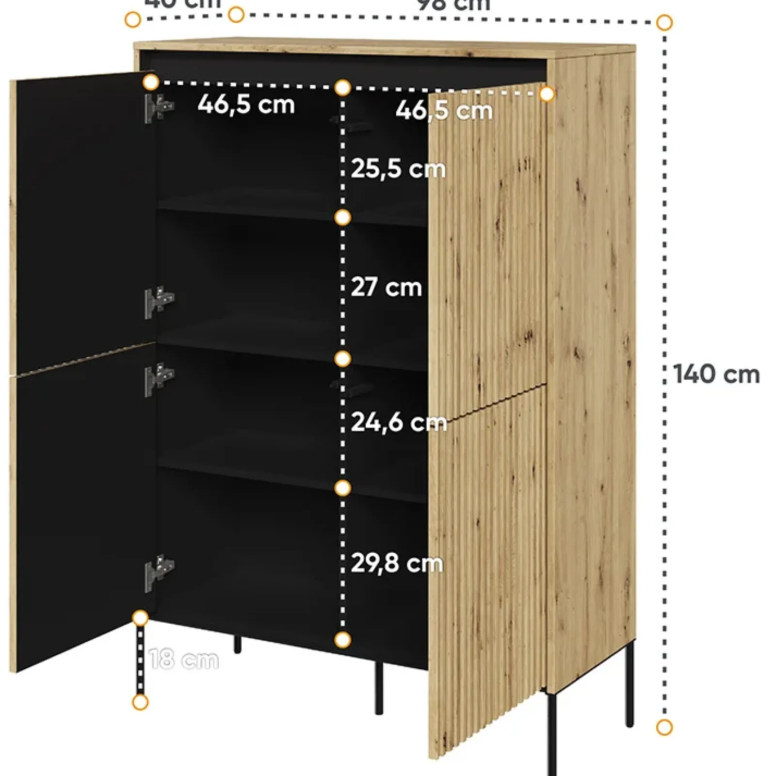Garnero Arredamenti Credenza Alta-Madia alta 98x140h cm 4 ante con led cannettato nero Camelia Rovere Rustico