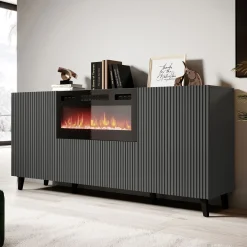 Garnero Arredamenti Camino Elettrico|Credenze Moderne-Madia con camino 181x83h cm moderno cannettato Essence Antracite
