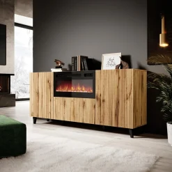 Garnero Arredamenti Camino Elettrico|Credenze Moderne-Madia con camino 181x83h cm moderno cannettato Essence Quercia