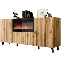 Garnero Arredamenti Camino Elettrico|Credenze Moderne-Madia con camino 181x83h cm moderno cannettato Essence Quercia