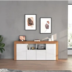 Garnero Arredamenti Credenze Moderne|Madie Moderne-Madia moderna 200x85h cm bianco lucido rovere Block Bianco Lucido - Rovere