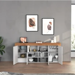 Garnero Arredamenti Credenze Moderne|Madie Moderne-Madia moderna 200x85h cm bianco lucido rovere Block Bianco Lucido - Rovere