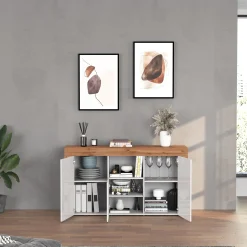 Garnero Arredamenti Credenze Moderne|Madie Moderne-Madia moderna 155x85h cm bianco lucido rovere Block Bianco Lucido - Rovere