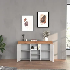 Garnero Arredamenti Credenze Moderne|Madie Moderne-Madia moderna 155x85h cm bianco lucido rovere Block Bianco Lucido - Rovere