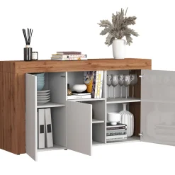 Garnero Arredamenti Credenze Moderne|Madie Moderne-Madia moderna 155x85h cm bianco lucido rovere Block Bianco Lucido - Rovere