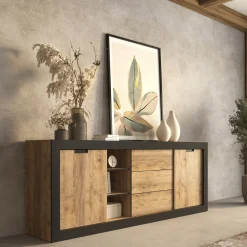Garnero Arredamenti Credenze Moderne|Madie Moderne-Madia 220x 85h cm 2 ante 3 cassetti rovere rustico nero Ilyssa