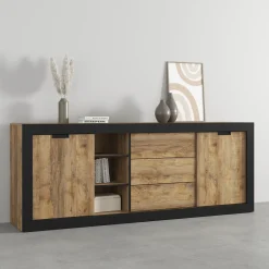 Garnero Arredamenti Credenze Moderne|Madie Moderne-Madia 220x 85h cm 2 ante 3 cassetti rovere rustico nero Ilyssa