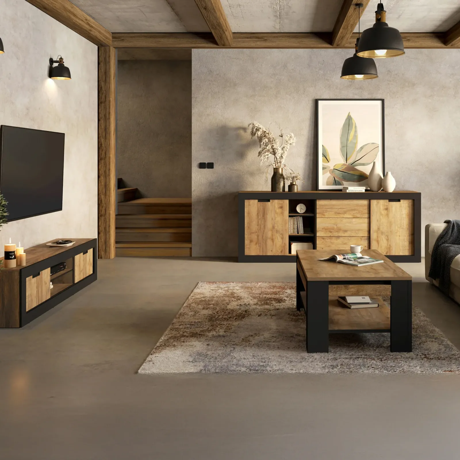 Garnero Arredamenti Credenze Moderne|Madie Moderne-Madia 220x 85h cm 2 ante 3 cassetti rovere rustico nero Ilyssa