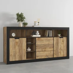 Garnero Arredamenti Credenze Moderne|Madie Moderne-Madia 220x110 h cm 2 ante 3 cassetti 6 vani a giorno rovere rustico nero Ilyssa