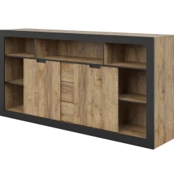 Garnero Arredamenti Credenze Moderne|Madie Moderne-Madia 220x110 h cm 2 ante 3 cassetti 6 vani a giorno rovere rustico nero Ilyssa