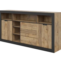 Garnero Arredamenti Credenze Moderne|Madie Moderne-Madia 220x110 h cm 2 ante 3 cassetti 6 vani a giorno rovere rustico nero Ilyssa