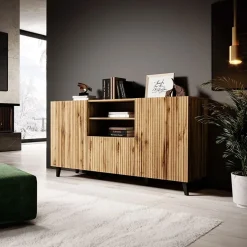 Garnero Arredamenti Madie Moderne|Madie Moderne-Madia 151x83cm 3 ante moderna industrial cannettato Essence Quercia