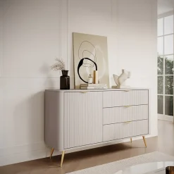 Garnero Arredamenti Madie Moderne|Madie Moderne-Madia 138x81h cm 1 anta 3 cassetti cannettato Ramis Beige