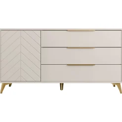 Garnero Arredamenti Madie Moderne|Madie Moderne-Madia 154x80h cm 1 anta 6 cassetti beige con frontali serigrafati Miriam