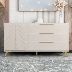 Garnero Arredamenti Madie Moderne|Madie Moderne-Madia 154x80h cm 1 anta 6 cassetti beige con frontali serigrafati Miriam