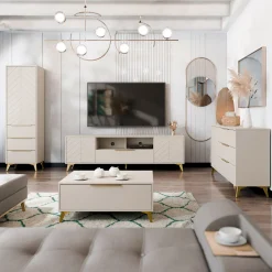 Garnero Arredamenti Madie Moderne|Madie Moderne-Madia 154x80h cm 1 anta 6 cassetti beige con frontali serigrafati Miriam