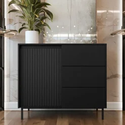Garnero Arredamenti Credenze Moderne|Madie Moderne-Madia 103x90h cm 1 anta 3 cassetti design cannettato nero Strike Nero Opaco