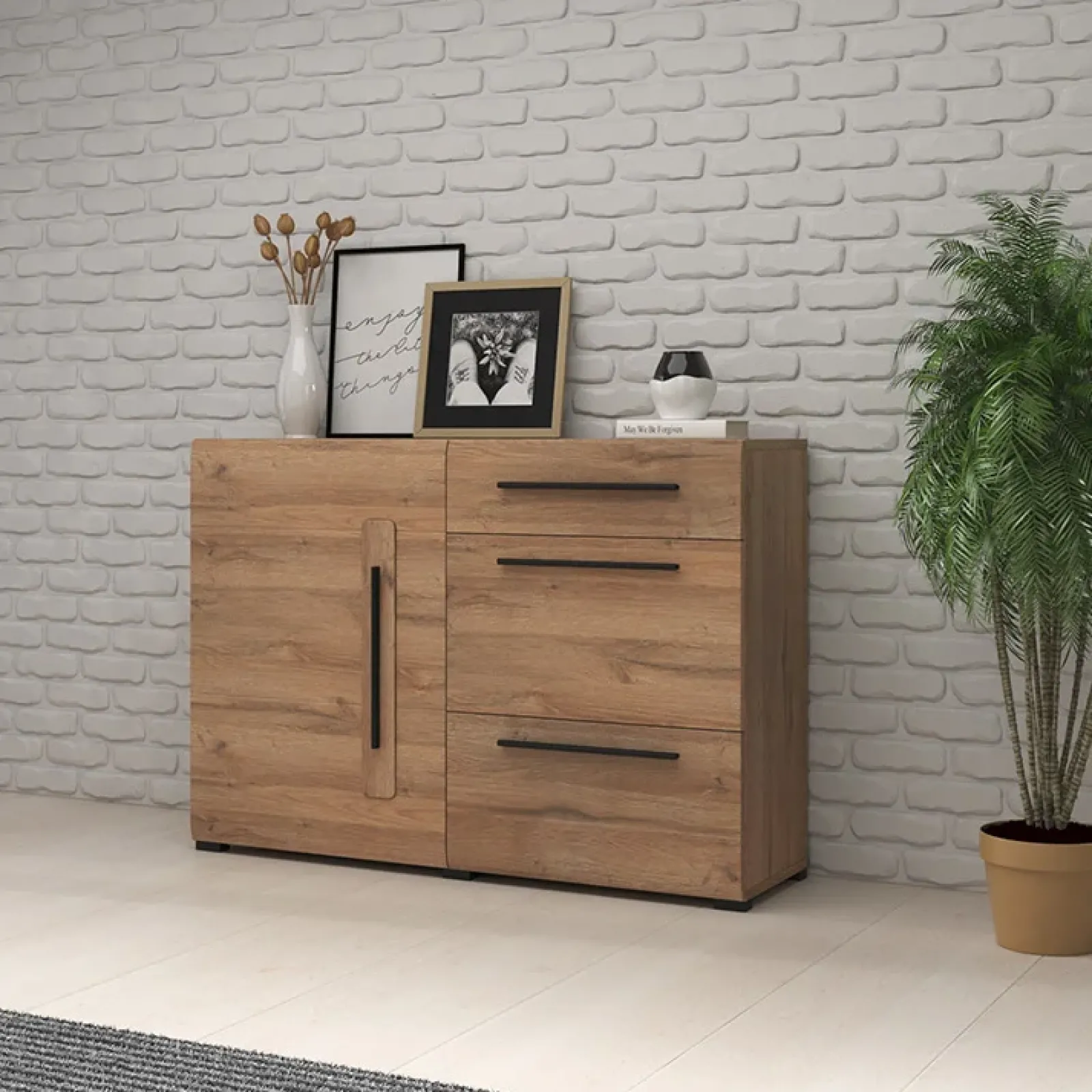 Garnero Arredamenti Credenze Moderne|Madie Moderne-Madia 120x86h cm 1 anta 3 cassetti soggiorno rovere nero Maiorca