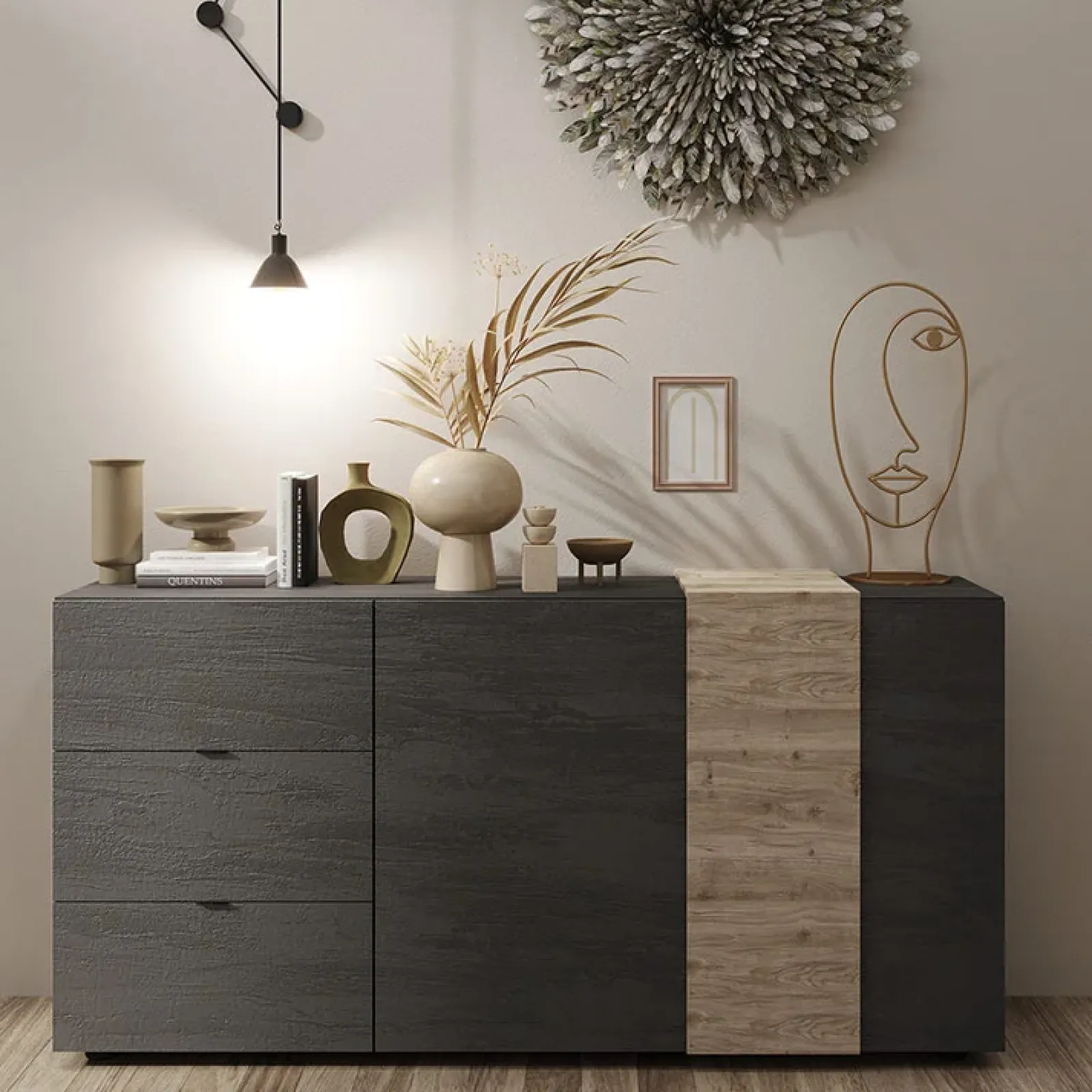 Garnero Arredamenti Madie Moderne|Madie Moderne-Madia 181x86h cm 2 ante 3 cassetti moderna titanio rovere Universal Antracite - Rovere