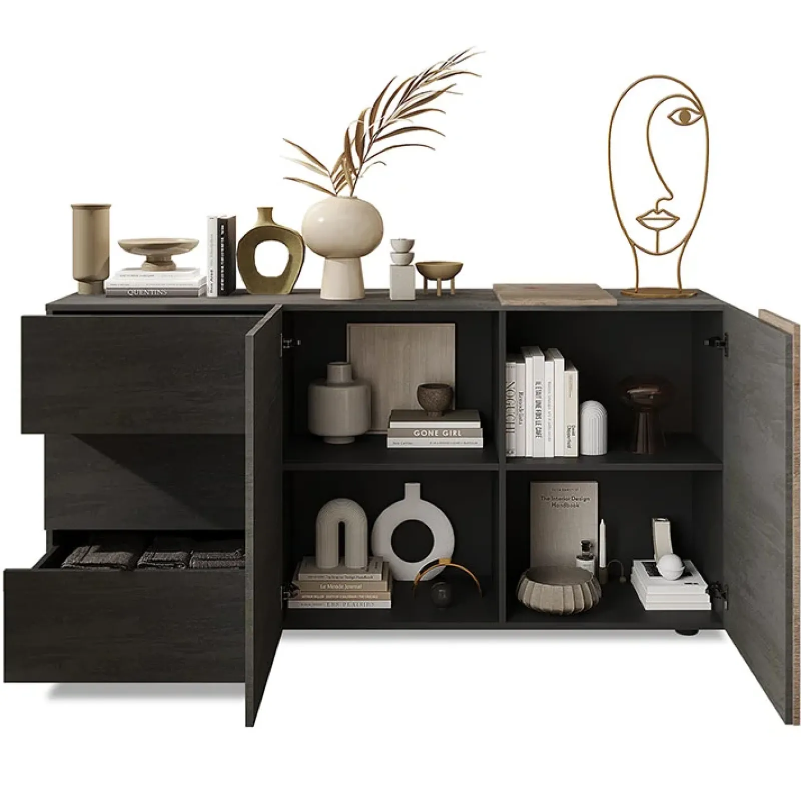 Garnero Arredamenti Madie Moderne|Madie Moderne-Madia 181x86h cm 2 ante 3 cassetti moderna titanio rovere Universal Antracite - Rovere