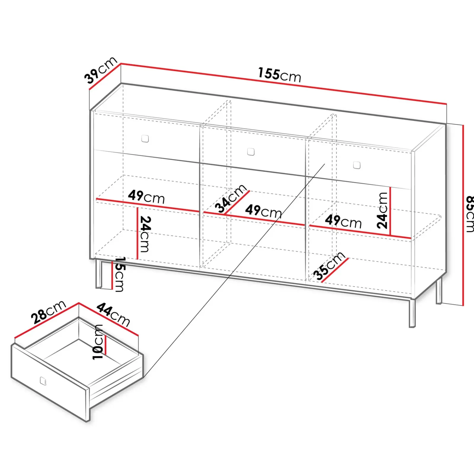 Garnero Arredamenti Madie Moderne|Madie Moderne-Madia 155x85h cm 3 ante 3 cassetti Giuggiola Nero Opaco