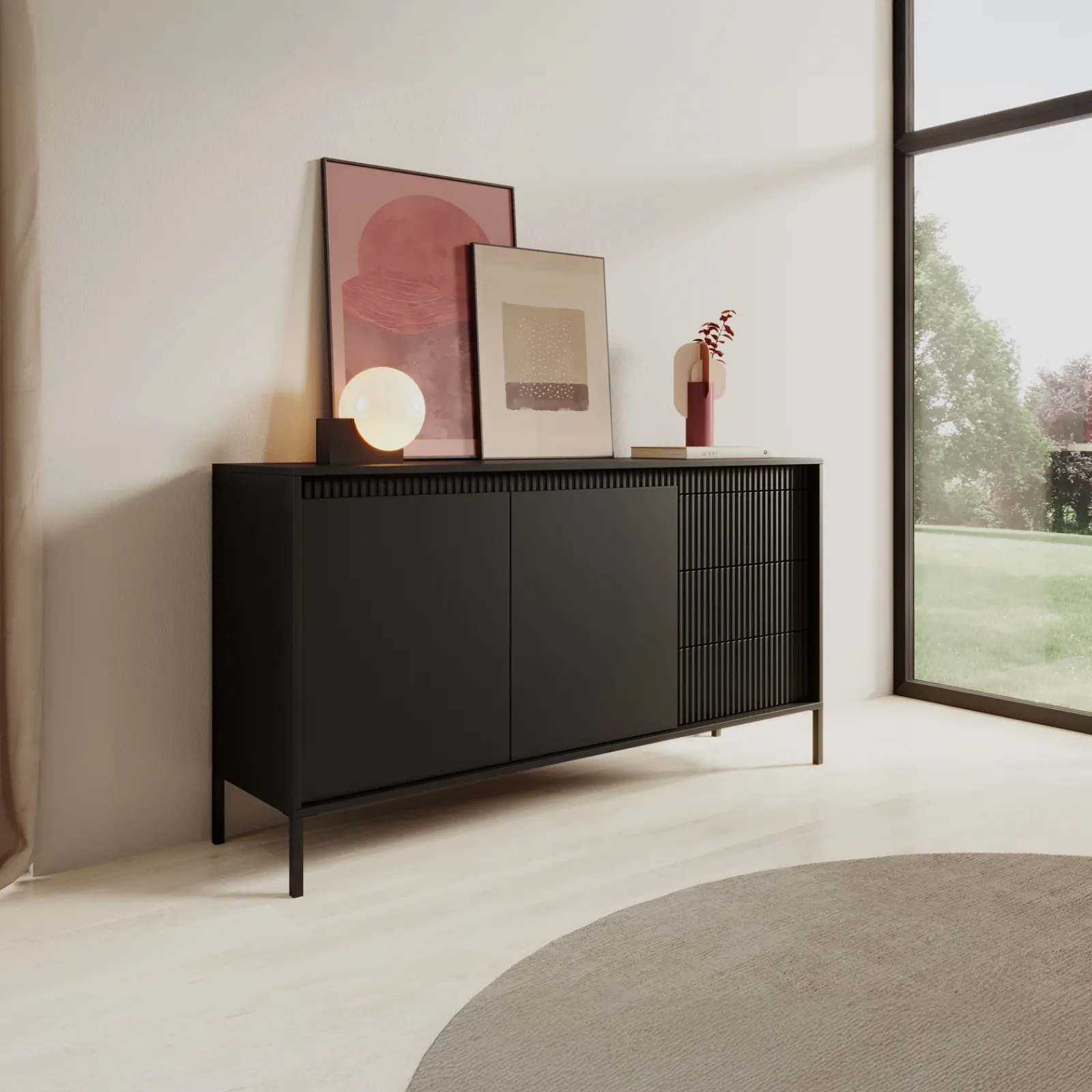 Garnero Arredamenti Madie Moderne|Madie Moderne-Madia 154x82h cm 2 ante 3 cassetti cannettato Ciar Nero Opaco