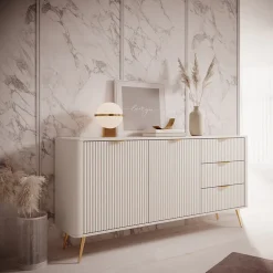 Garnero Arredamenti Madie Moderne|Madie Moderne-Madia 163x81h cm 2 ante 3 cassetti cannettato Ramis Beige