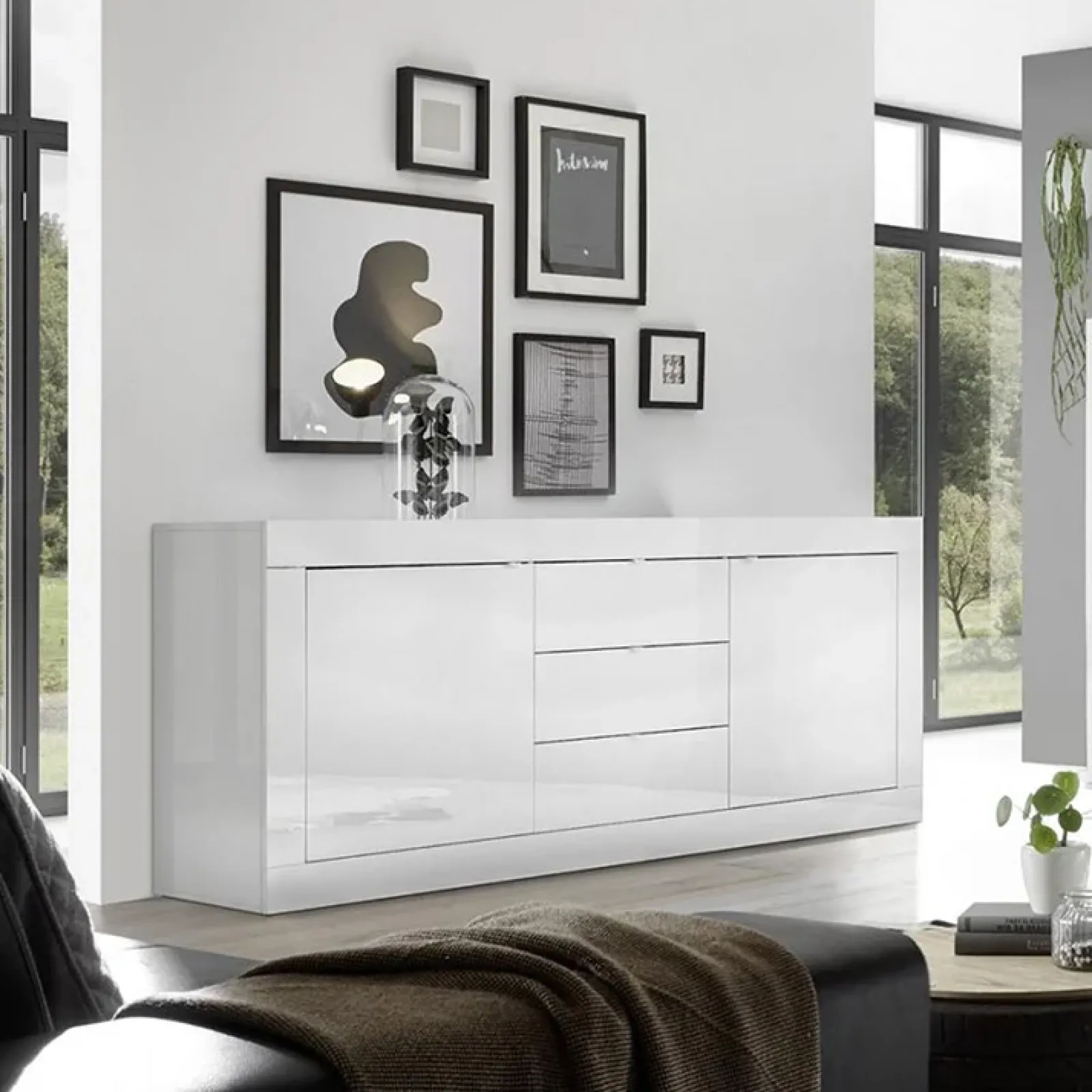 Garnero Arredamenti Credenze Moderne|Madie Moderne-Madia 210x86h cm 2 ante 3 cassetti moderna Eternity Bianco Lucido