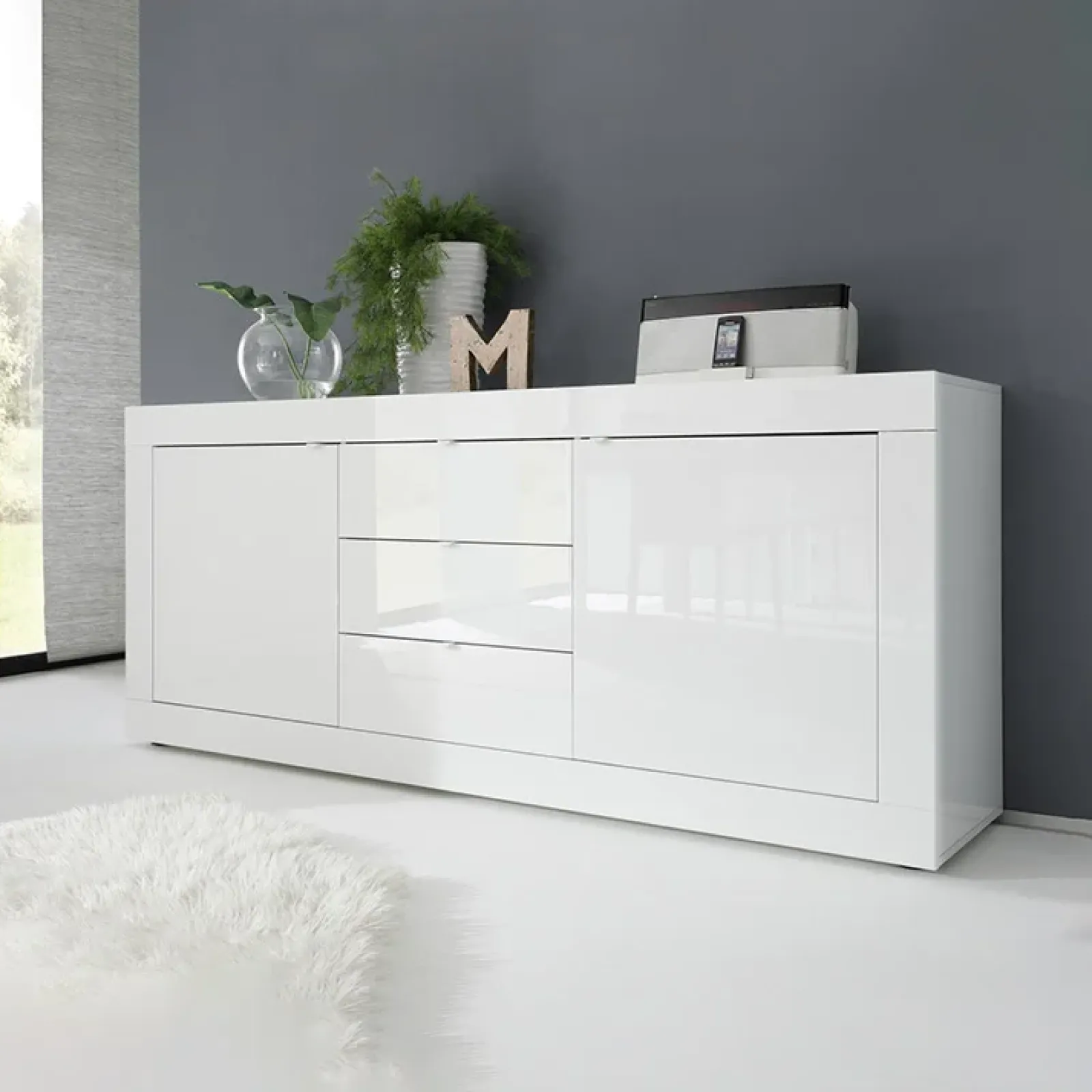 Garnero Arredamenti Credenze Moderne|Madie Moderne-Madia 210x86h cm 2 ante 3 cassetti moderna Eternity Bianco Lucido