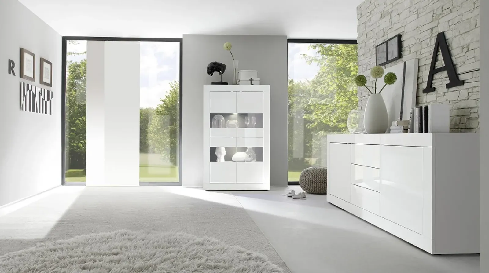 Garnero Arredamenti Credenze Moderne|Madie Moderne-Madia 210x86h cm 2 ante 3 cassetti moderna Eternity Bianco Lucido