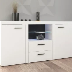 Garnero Arredamenti Madie Moderne|Madie Moderne-Madia 157x82h cm 2 ante 2 cassetti moderna con led bianco Haarlem Bianco Opaco