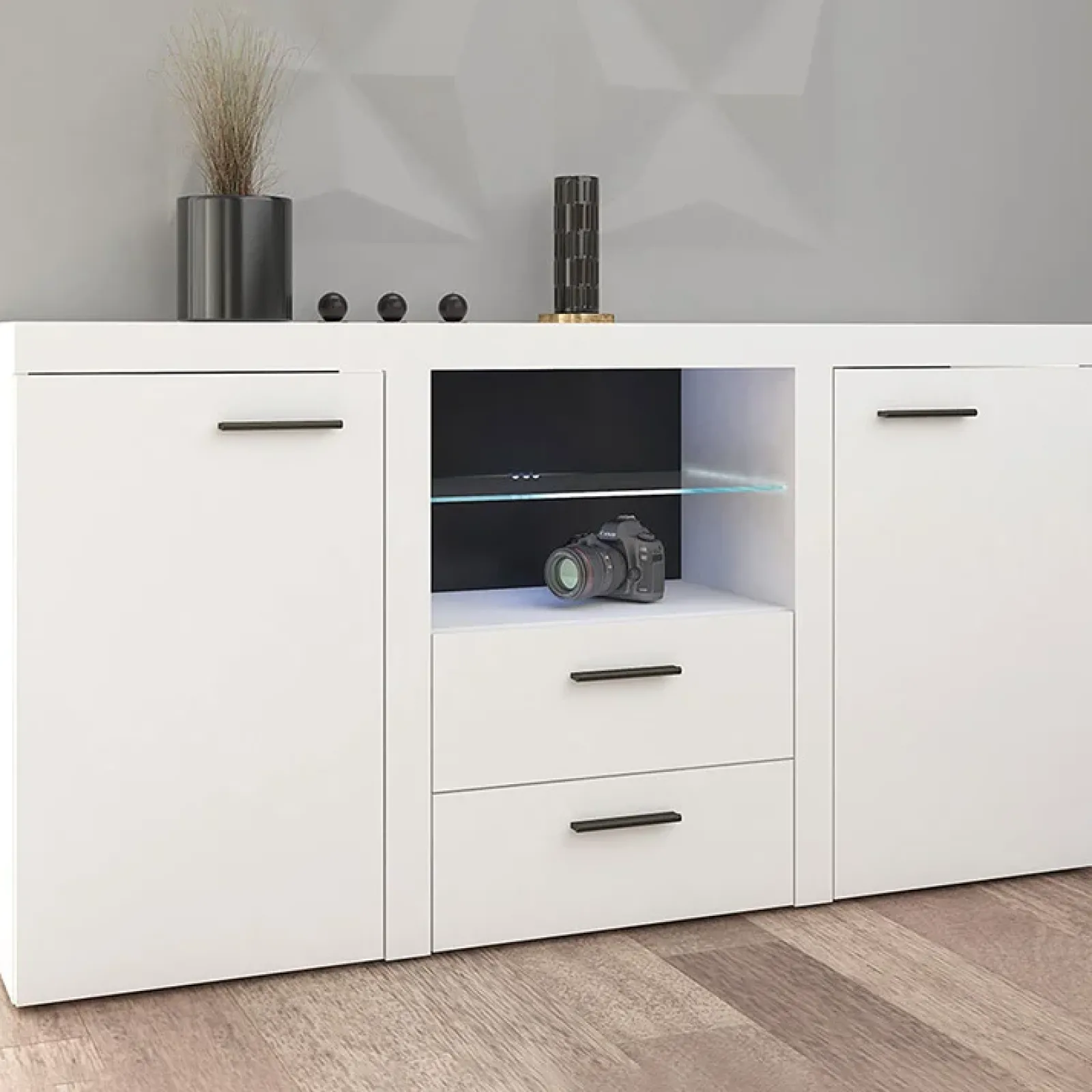 Garnero Arredamenti Madie Moderne|Madie Moderne-Madia 157x82h cm 2 ante 2 cassetti moderna con led bianco Haarlem Bianco Opaco