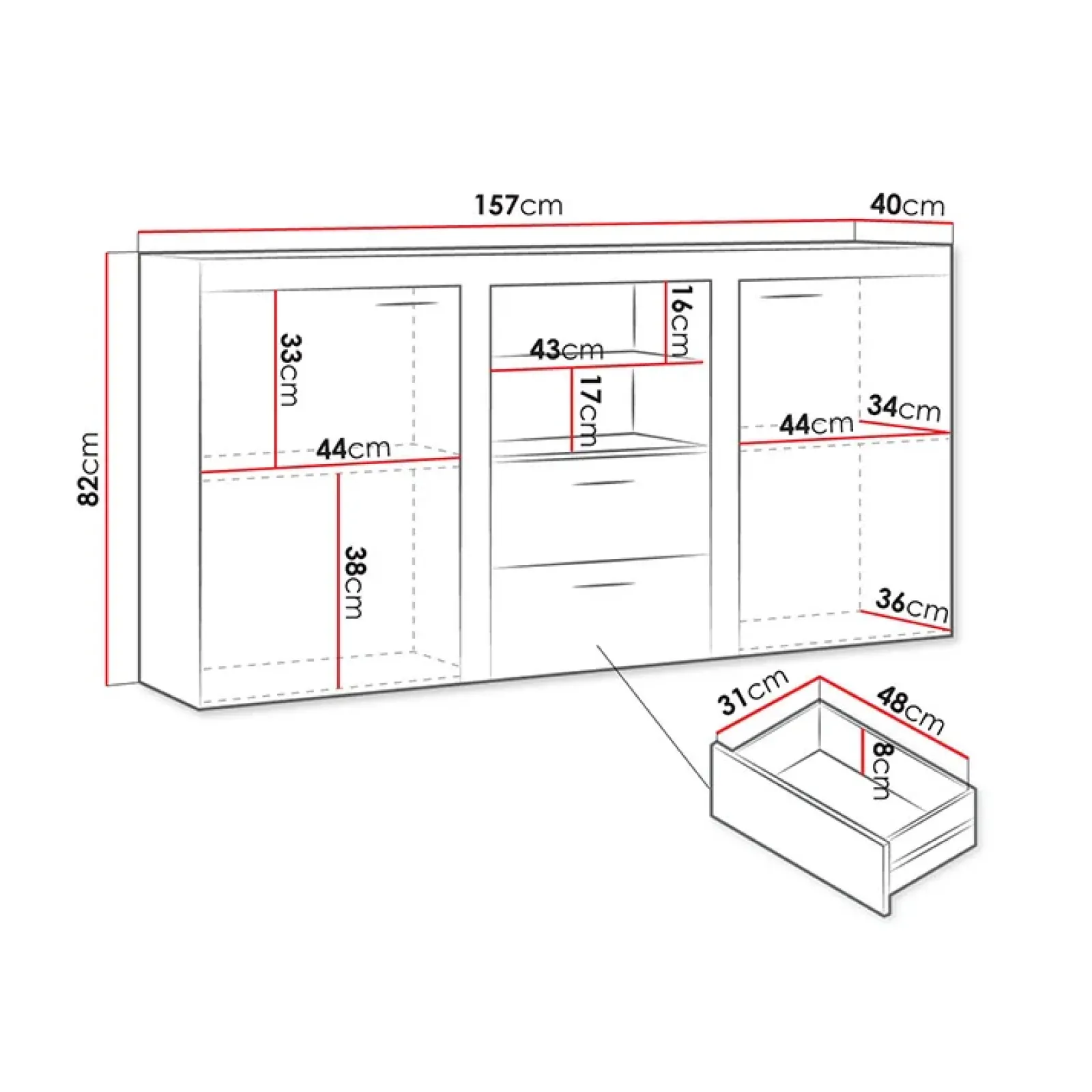 Garnero Arredamenti Madie Moderne|Madie Moderne-Madia 157x82h cm 2 ante 2 cassetti moderna con led bianco Haarlem Bianco Opaco